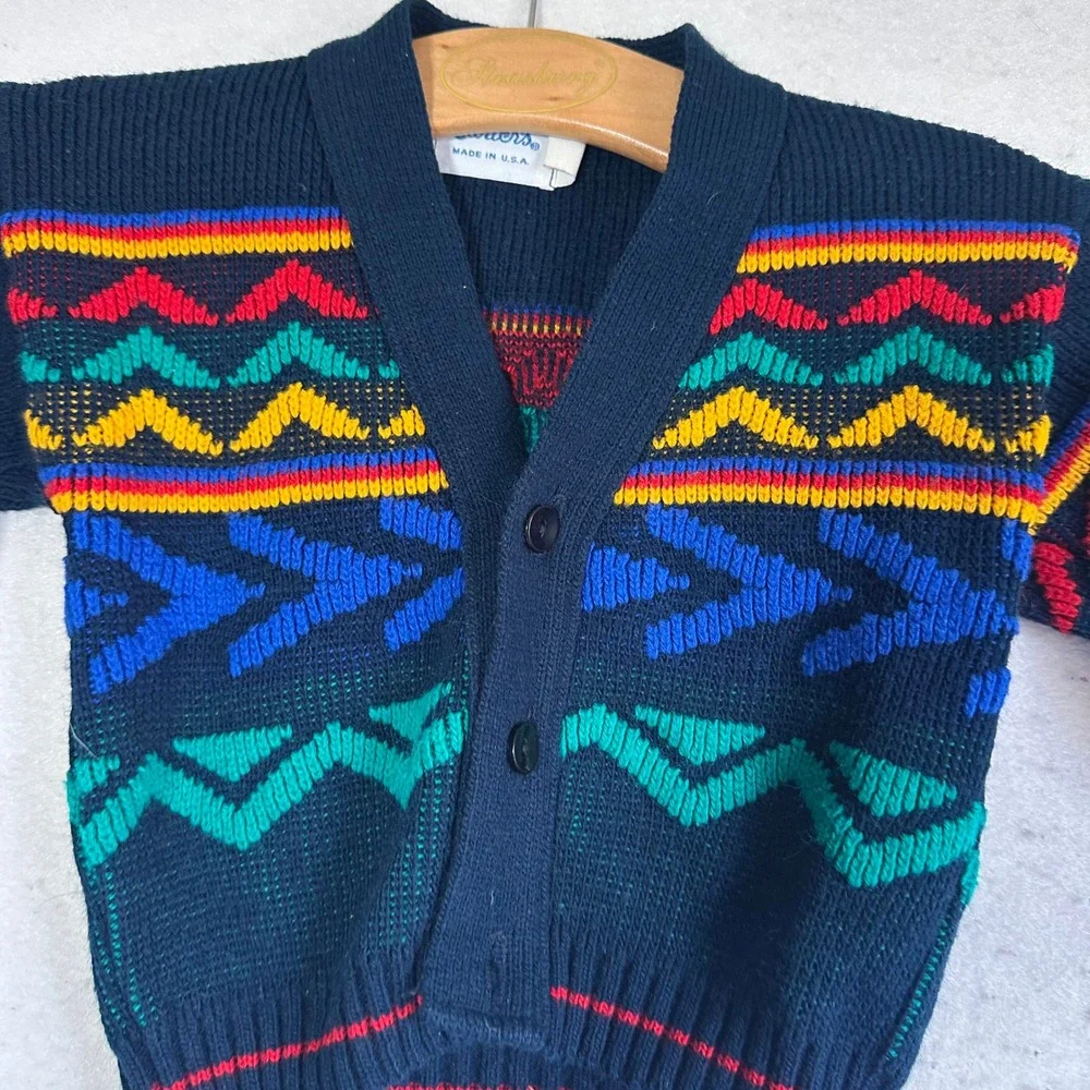 Vintage Carters Toddler Navy Blue Geometric Fair Isle Cardigan Sweater 2T USA